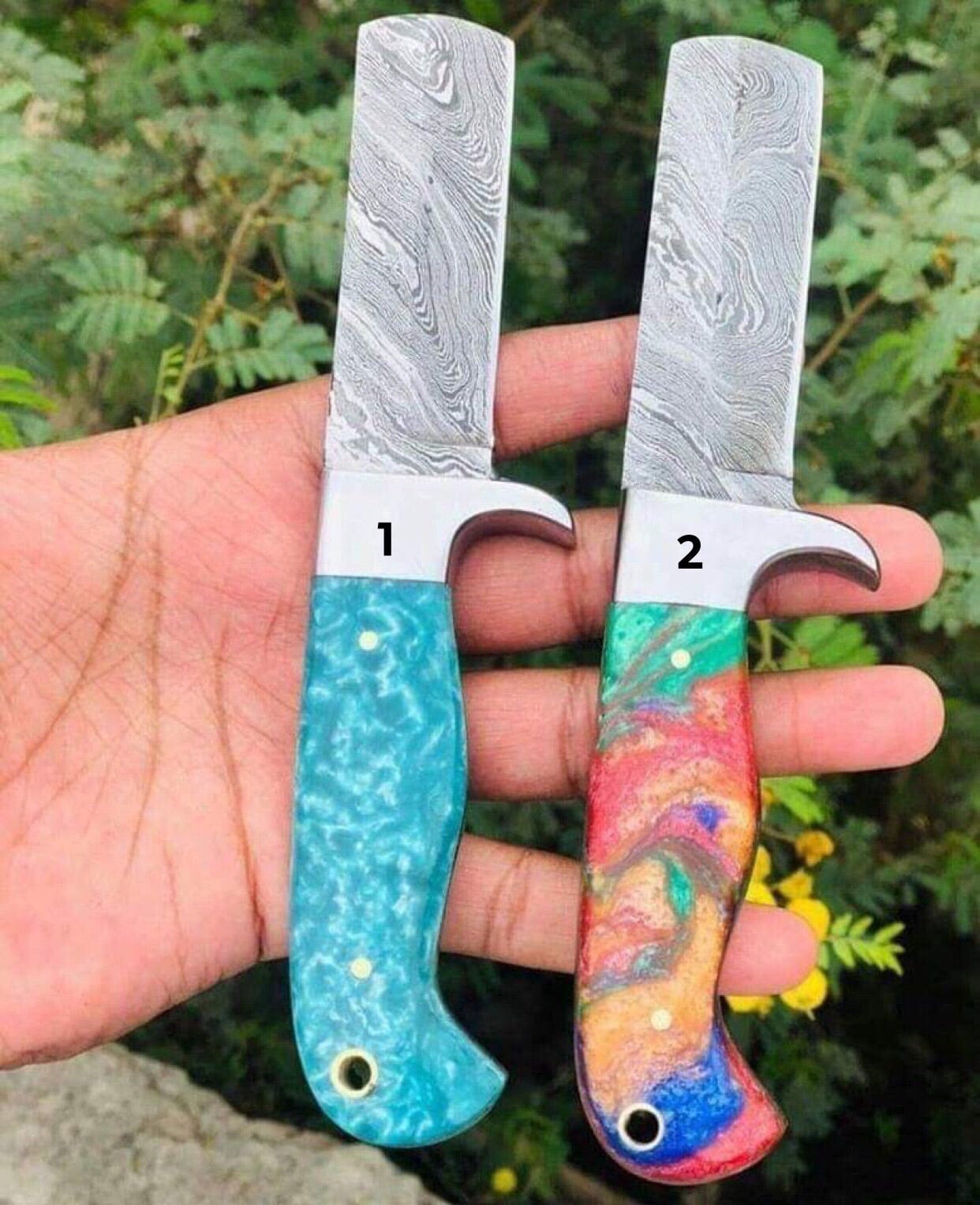 KBS Knives Store Bull Cutter Western Bull Cutter Knife – Handmade Damascus Ranch Blade with Resin Handle & Leather Sheath