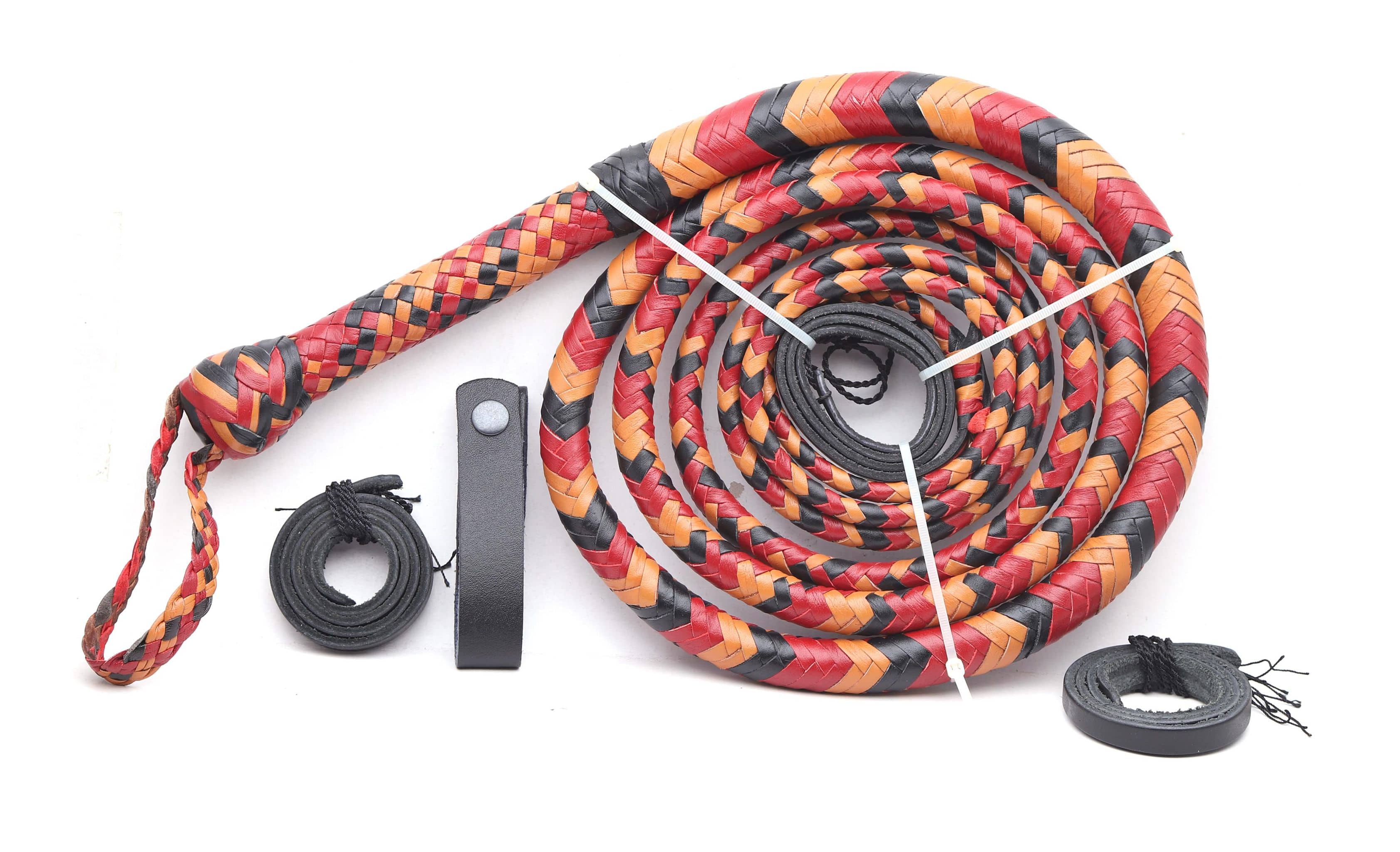 KBS Knives Store Bull Whips Handmade Red, Black & Orange Leather Bullwhip (4ft–16ft)