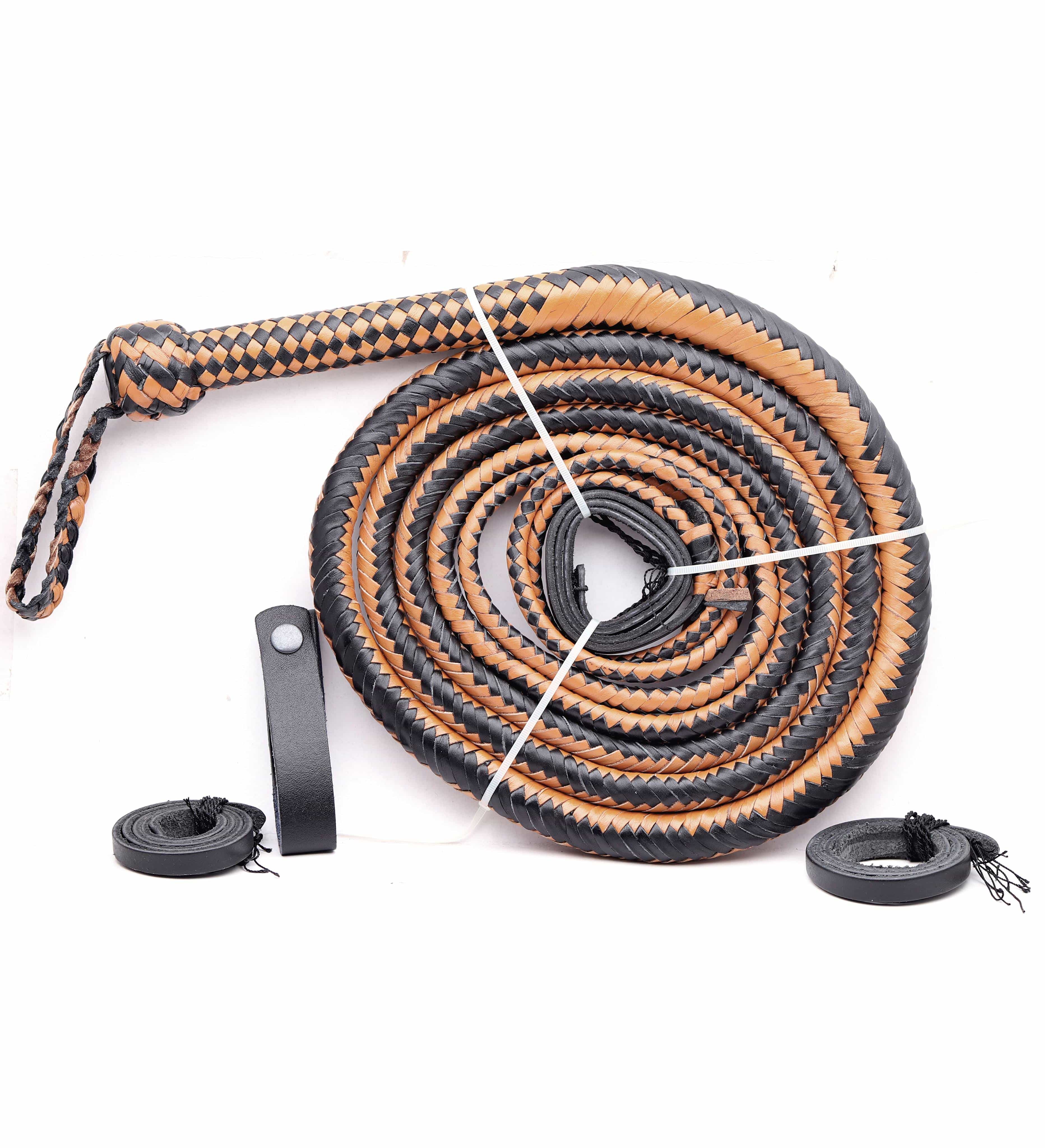 KBS Knives Store Bull Whips Tan & Deep Black Leather Bull Whip for Sale (4ft–16ft)