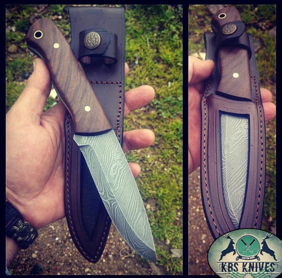 KBS Knives Store Bush Craft Knife Damascus Bushcraft Camping Knife with Rosewood Handle - 9-Inch Overall Length - Includes Leather Sheath - Available at KBS Knives Store