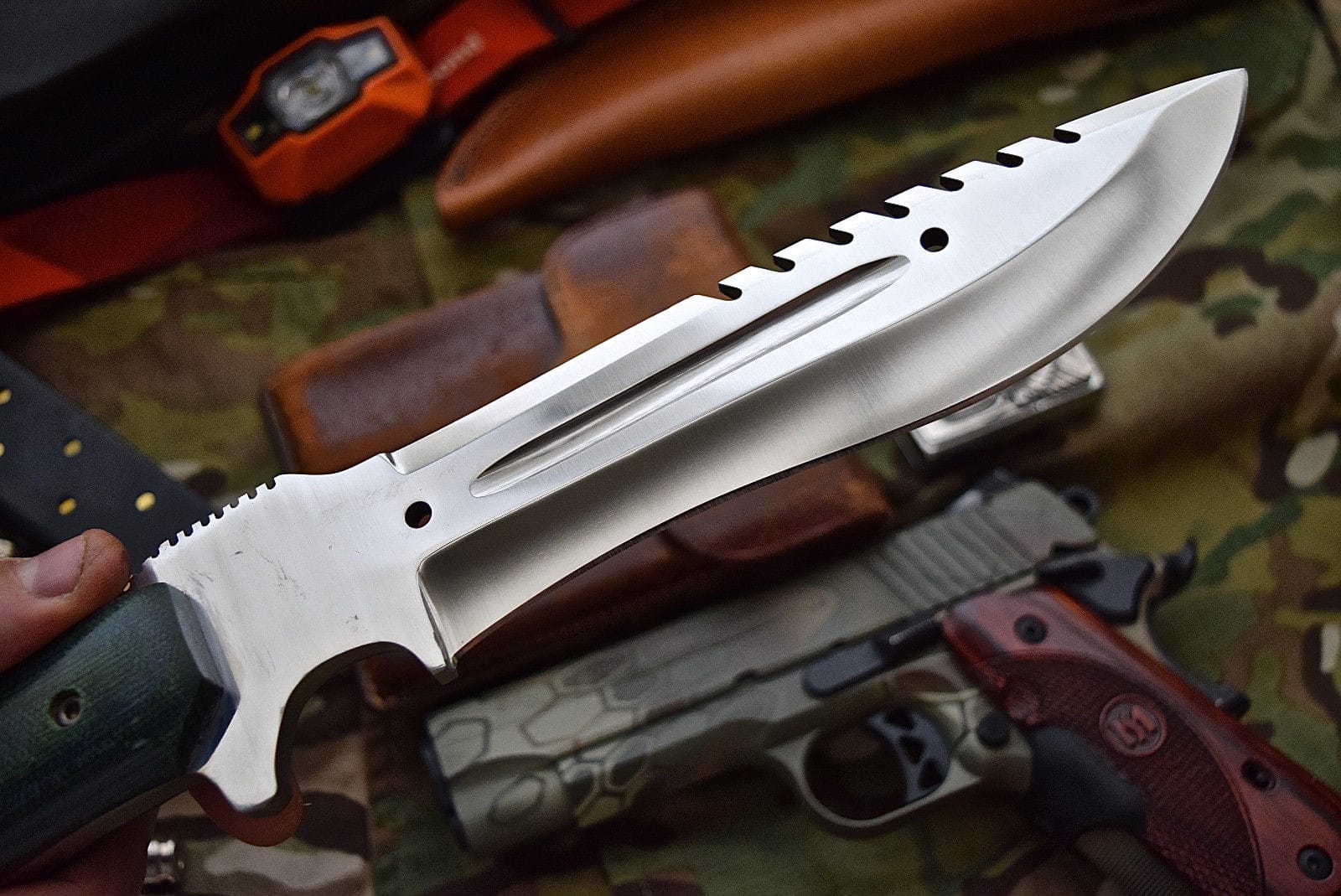 KBS Knives Store Camping Knife Combat Bushcraft Survival Camping Knife - Custom Handcrafted D2 Mirror Polished Steel Blade, Micarta G10 Handle, 13.5" Overall Length | Leather Sheath | KBS Knives