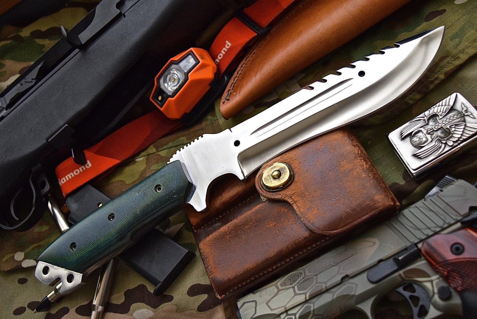 KBS Knives Store Camping Knife Combat Bushcraft Survival Camping Knife - Custom Handcrafted D2 Mirror Polished Steel Blade, Micarta G10 Handle, 13.5" Overall Length | Leather Sheath | KBS Knives