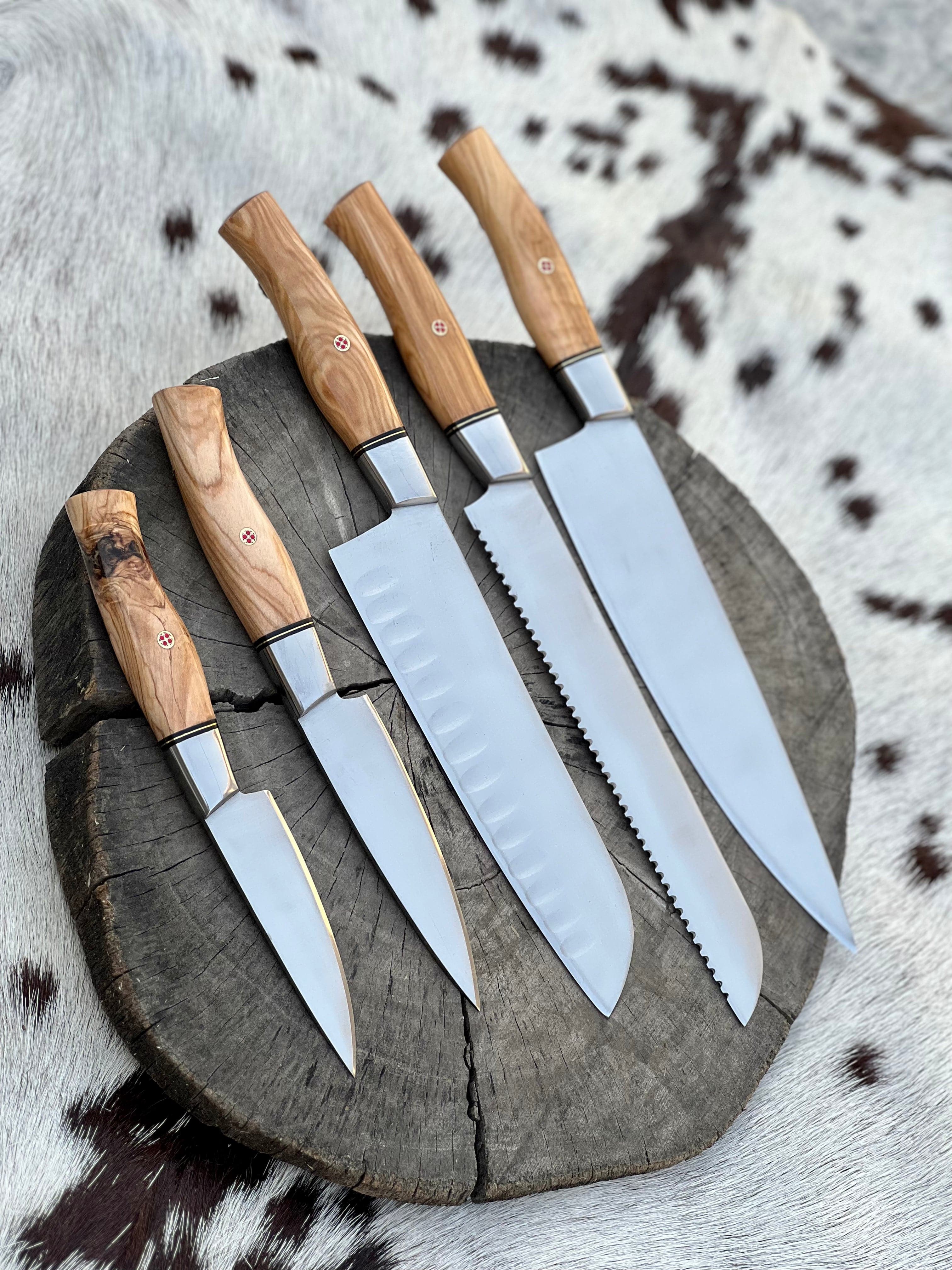 KBS Knives Store Chef Knife 5 Pcs Custom Handmade Stainless Steel Kitchen Knives Set With Olive Wood Handles and Leather Roll - KBS Knives Store