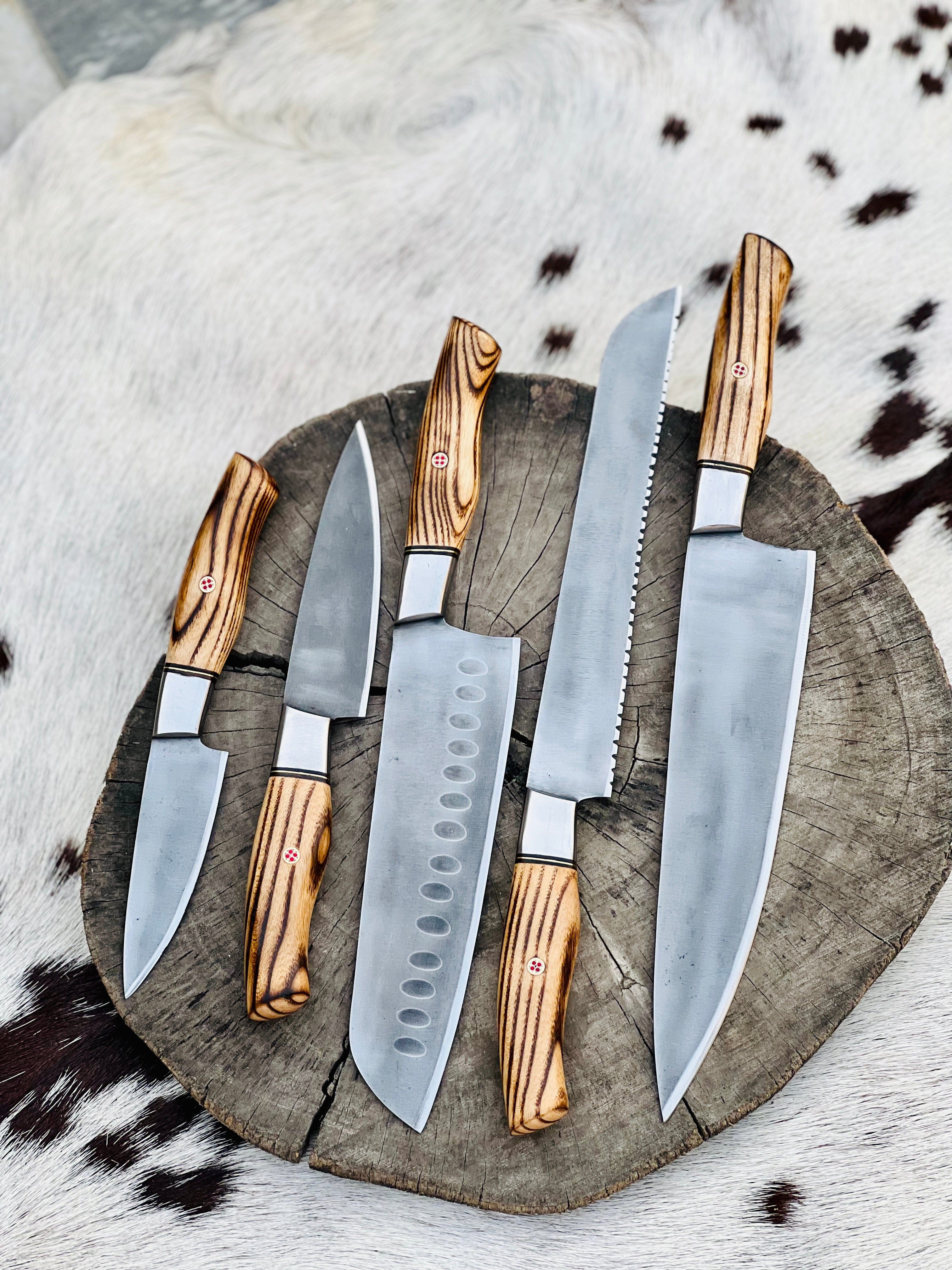 KBS Knives Store Chef Knife 5 Piece Custom Handmade Acid Washed Stainless Steel Kitchen Knives Set with Leather Roll and Burly Wenge Wood Handles" by KBS Knives Store
