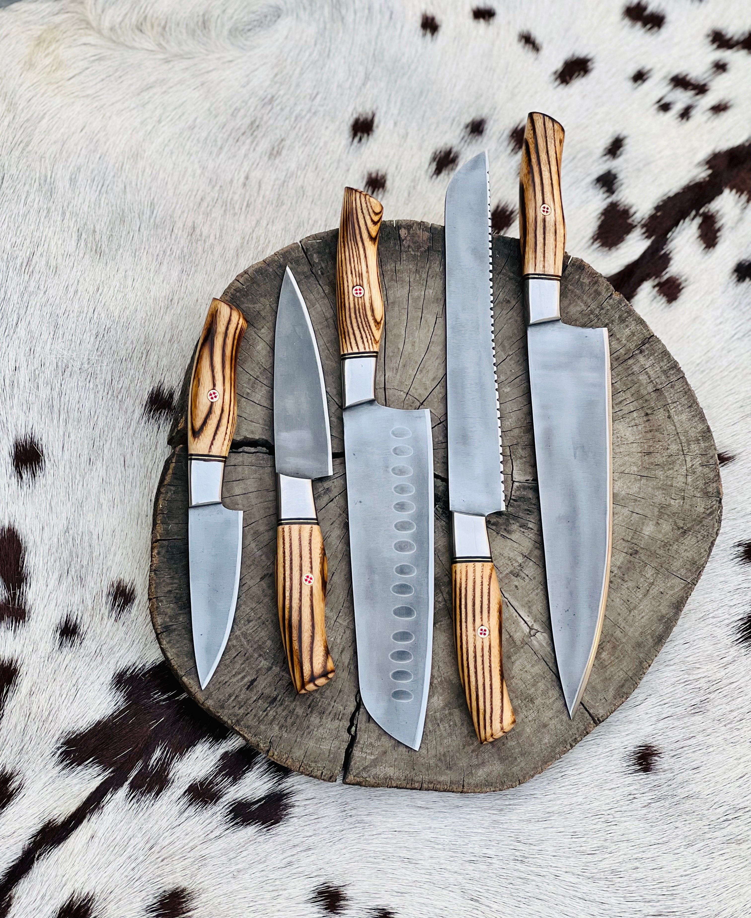 KBS Knives Store Chef Knife 5 Piece Custom Handmade Acid Washed Stainless Steel Kitchen Knives Set with Leather Roll and Burly Wenge Wood Handles" by KBS Knives Store