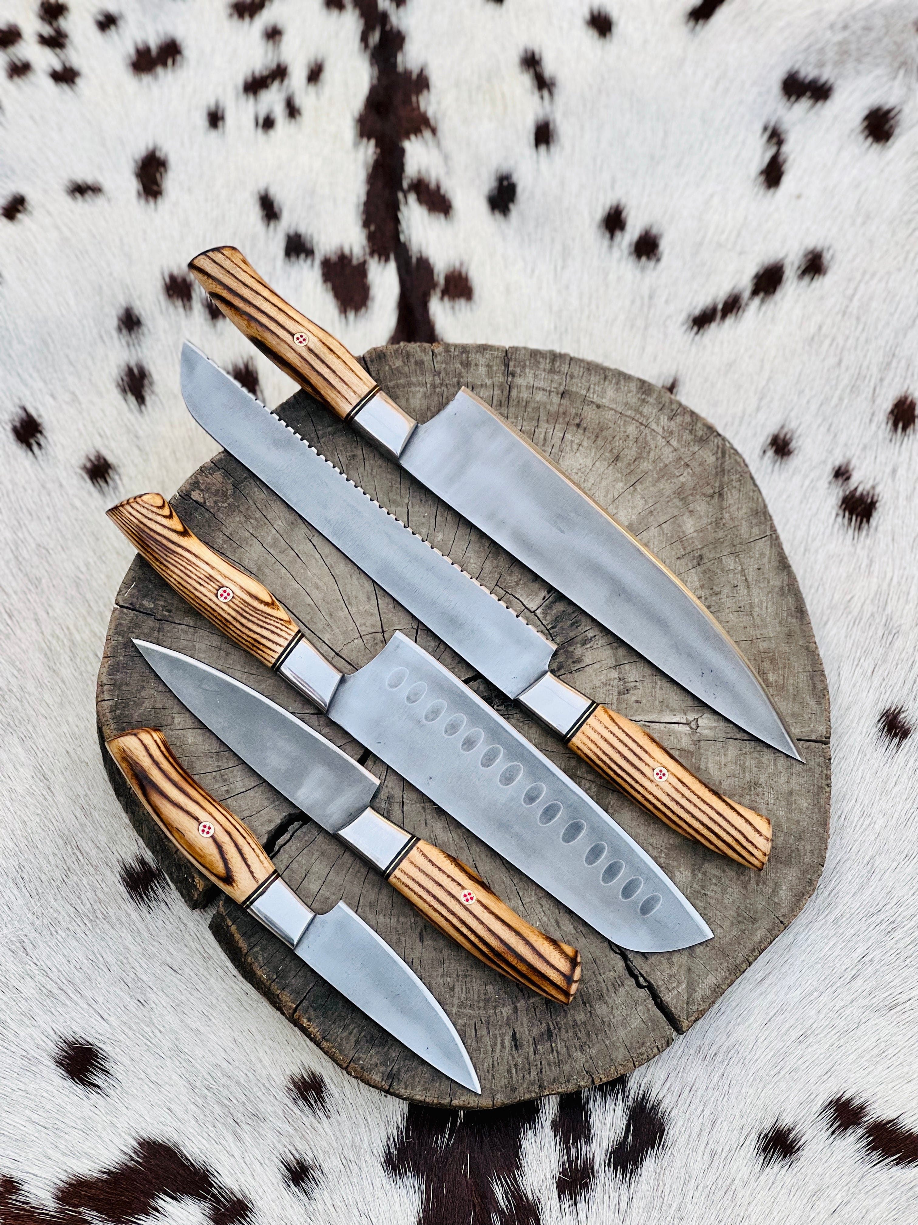 KBS Knives Store Chef Knife 5 Piece Custom Handmade Acid Washed Stainless Steel Kitchen Knives Set with Leather Roll and Burly Wenge Wood Handles" by KBS Knives Store