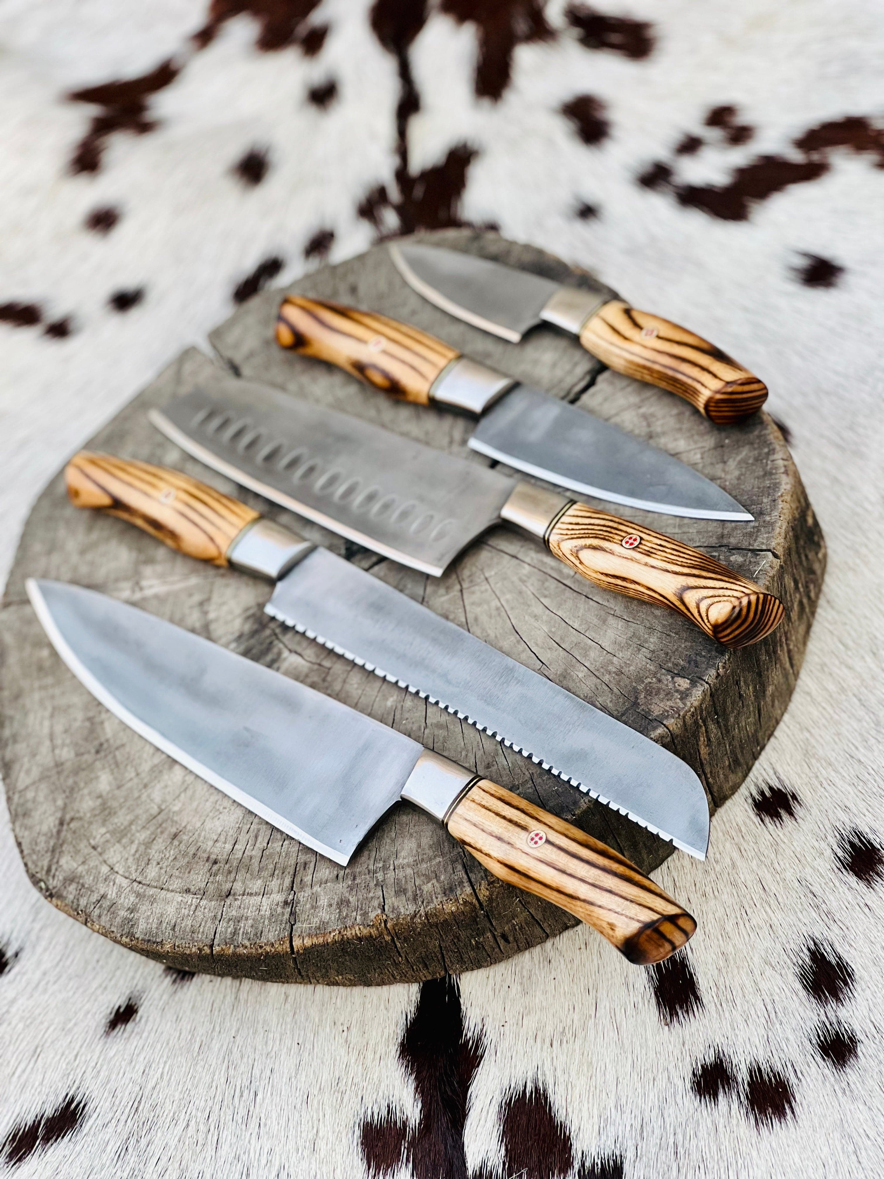 KBS Knives Store Chef Knife 5 Piece Custom Handmade Acid Washed Stainless Steel Kitchen Knives Set with Leather Roll and Burly Wenge Wood Handles" by KBS Knives Store