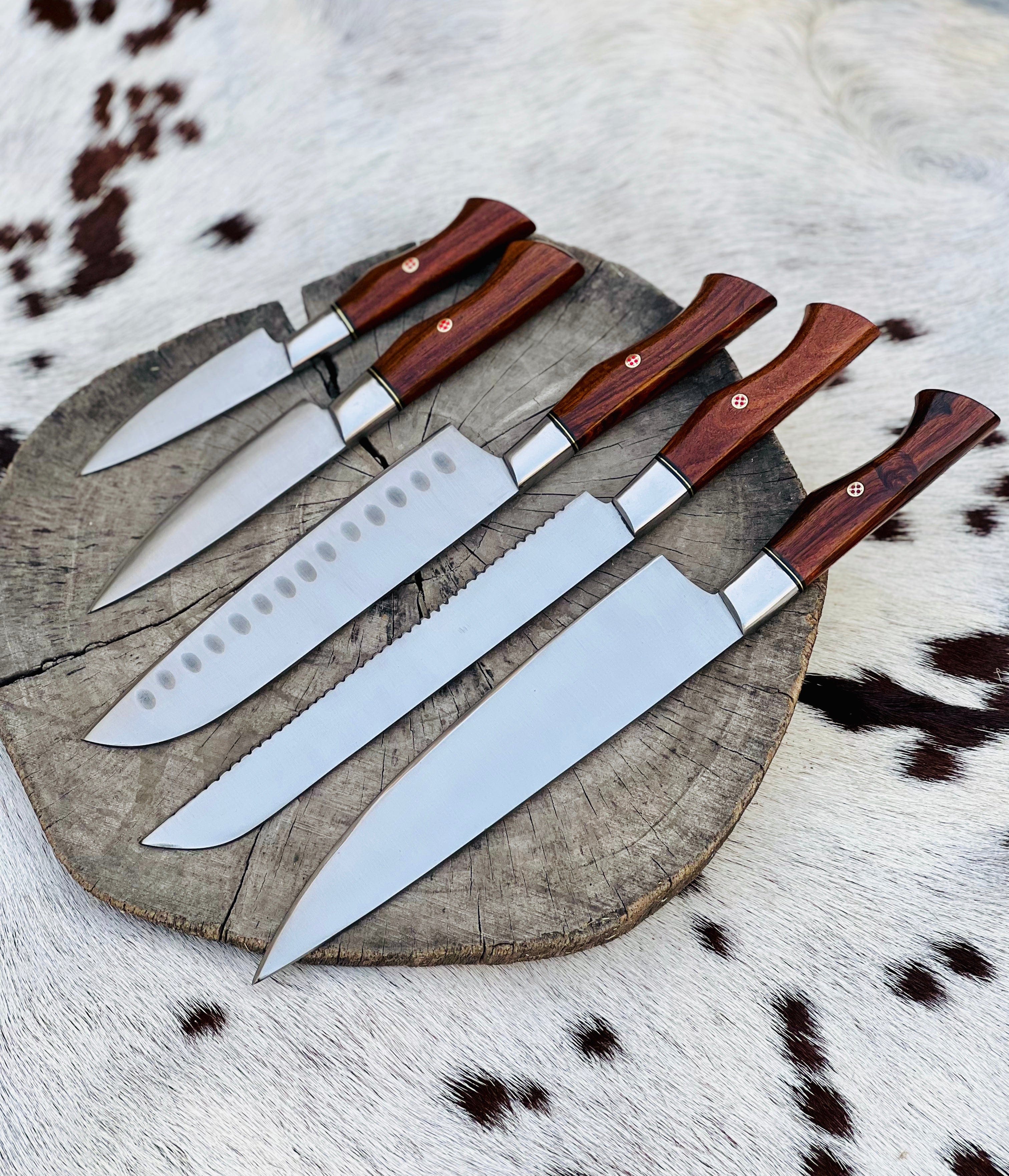 KBS Knives Store Chef Knife 5 Piece Custom Handmade Stainless Steel Kitchen Knives Set with Leather Roll and Rosewood Handles" by KBS Knives Store