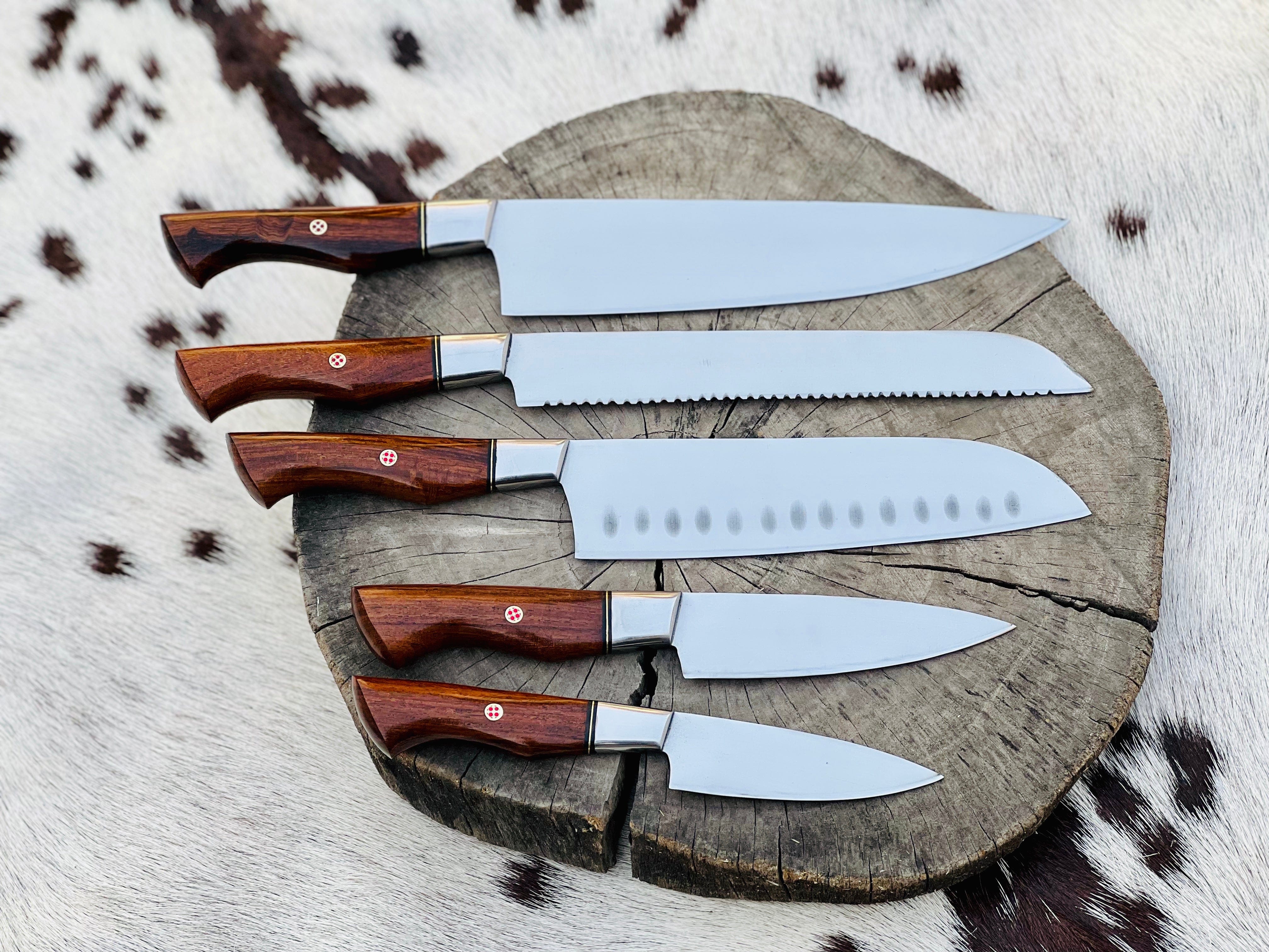 KBS Knives Store Chef Knife 5 Piece Custom Handmade Stainless Steel Kitchen Knives Set with Leather Roll and Rosewood Handles" by KBS Knives Store