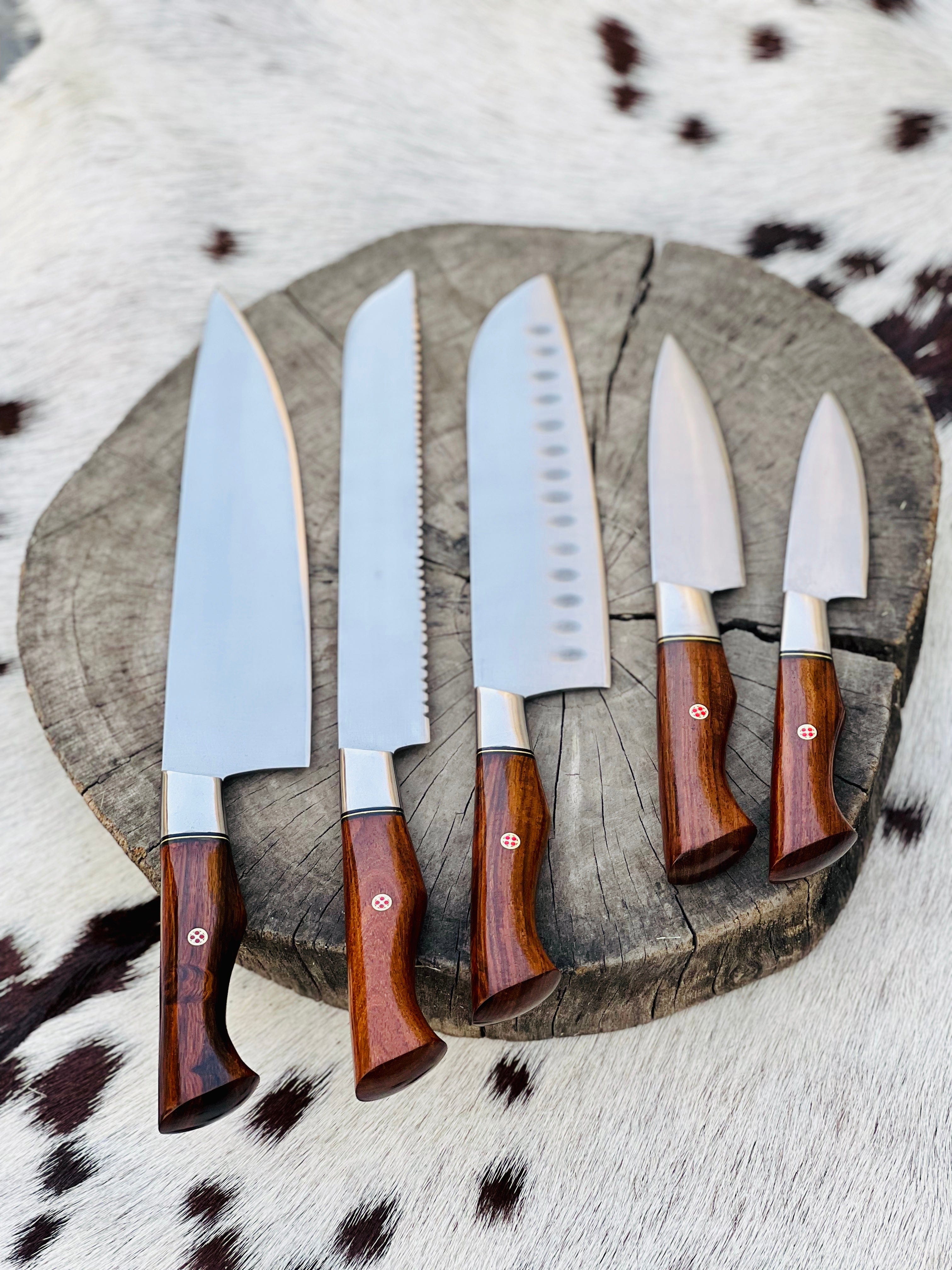 KBS Knives Store Chef Knife 5 Piece Custom Handmade Stainless Steel Kitchen Knives Set with Leather Roll and Rosewood Handles" by KBS Knives Store