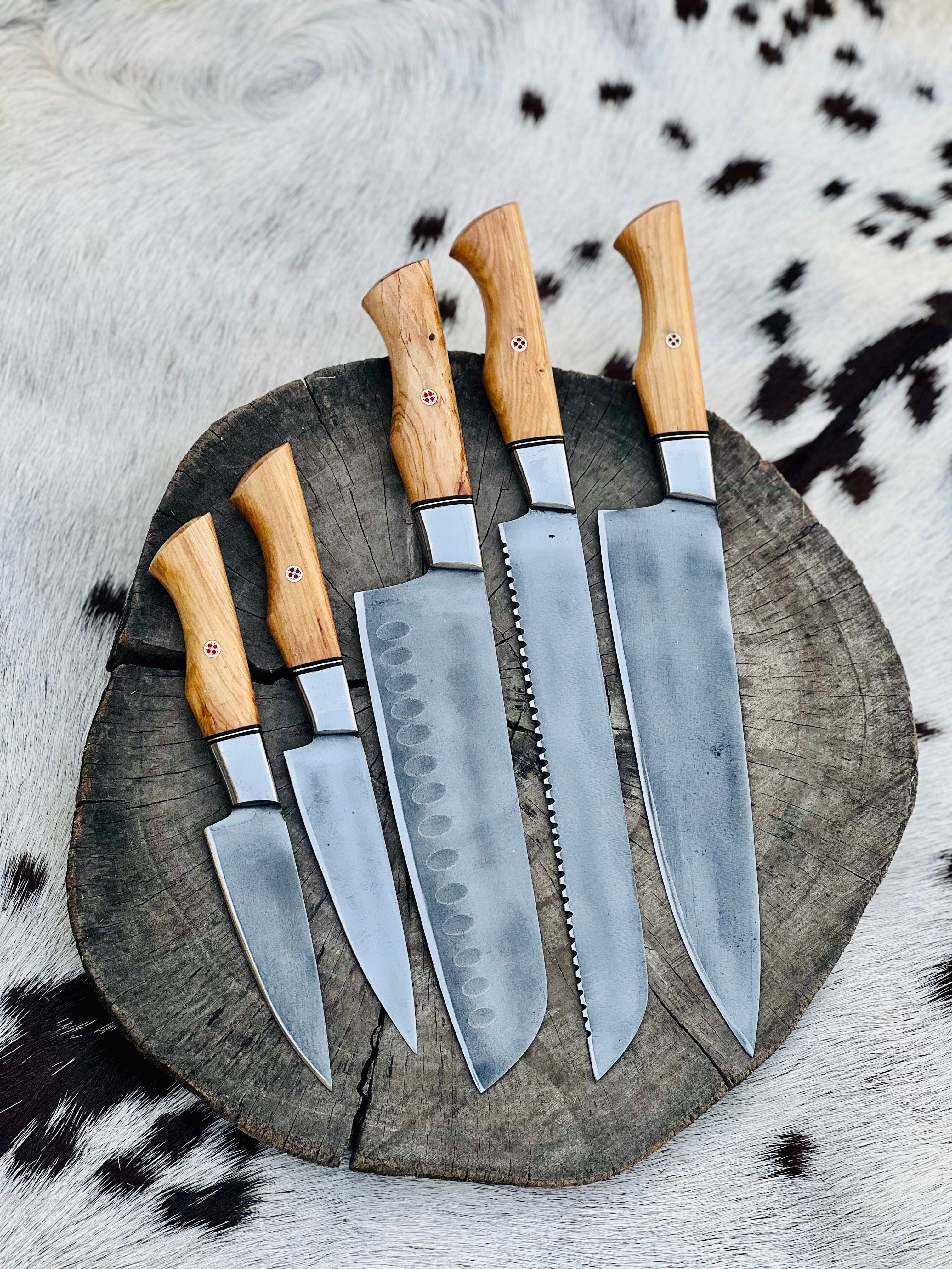 KBS Knives Store Chef Knife Custom Handmade Acid Washed Stainless Steel Kitchen Knife Set with Olive Wood Handle and Leather Roll - 5 Pieces by KBS Knives Store