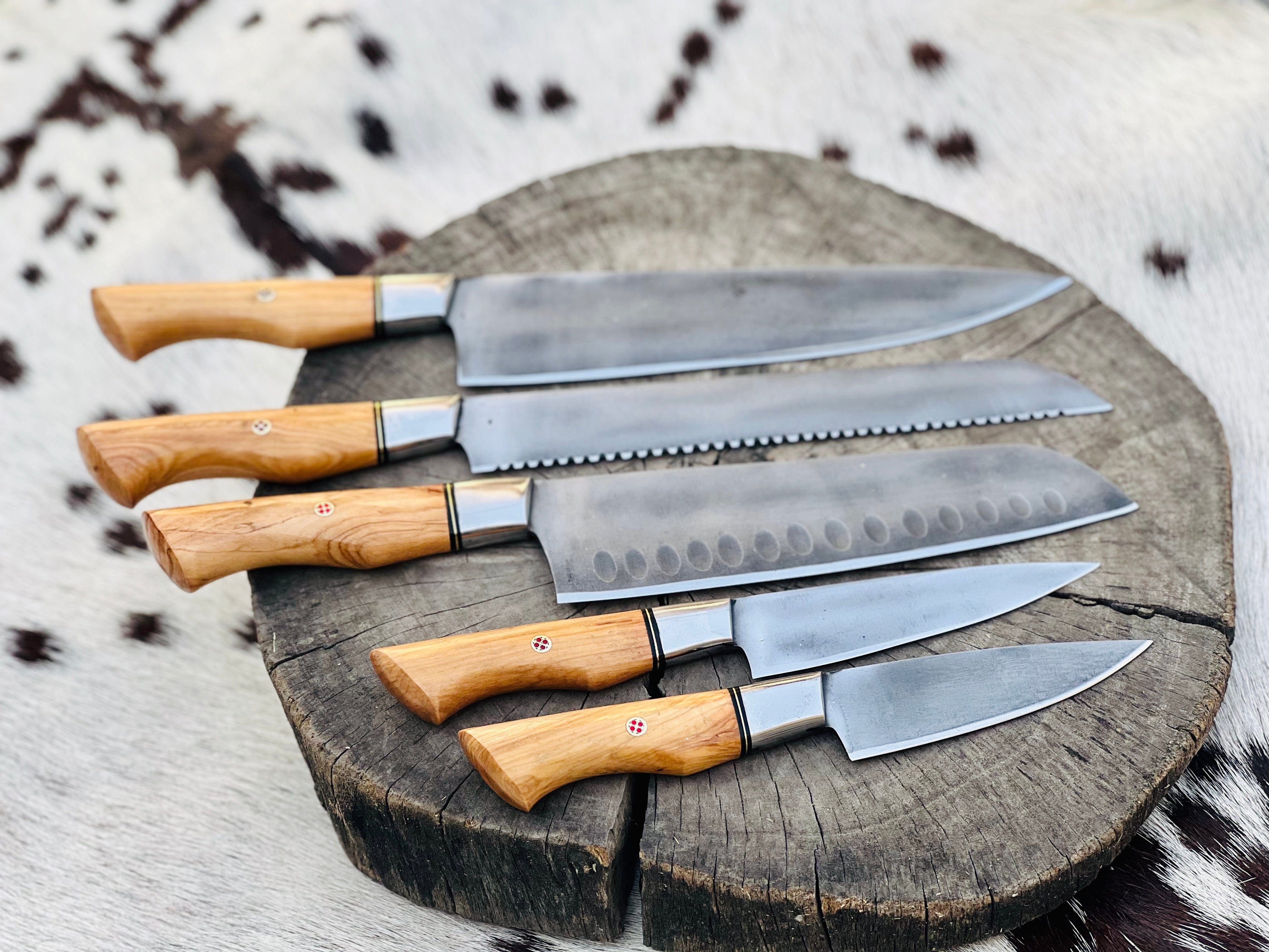 KBS Knives Store Chef Knife Custom Handmade Acid Washed Stainless Steel Kitchen Knife Set with Olive Wood Handle and Leather Roll - 5 Pieces by KBS Knives Store