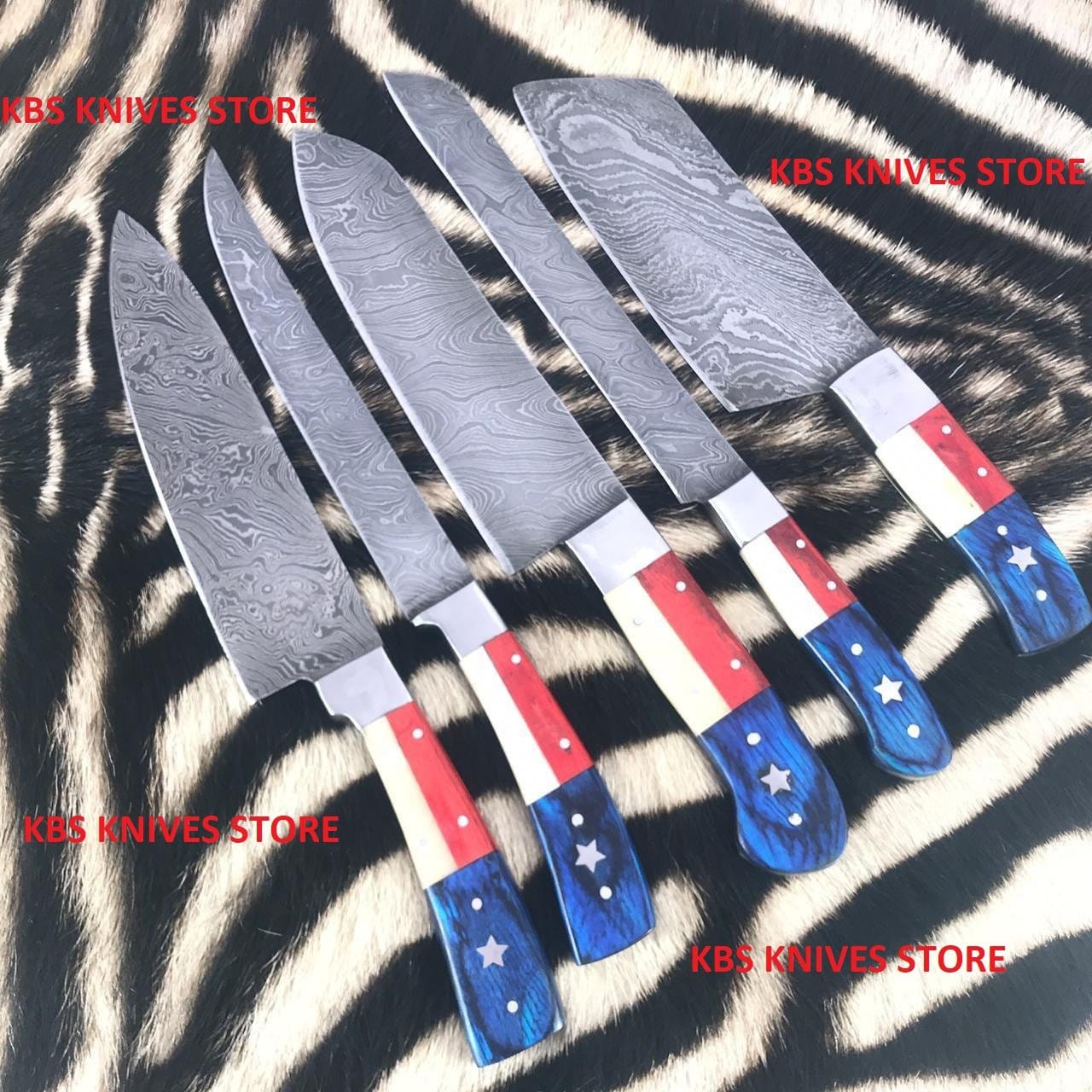 KBS Knives Store Chef Knife Damascus steel handmade flag handle kitchen knives set