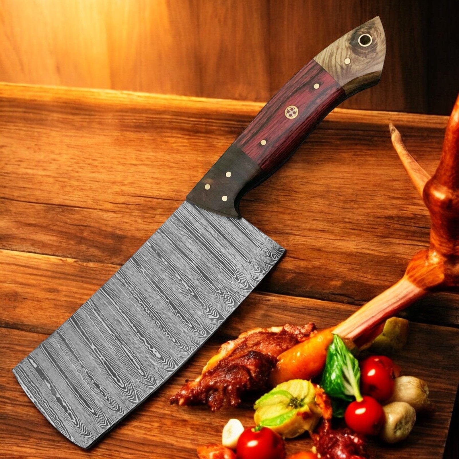 KBS Knives Store Cleaver Knife Butcher’s Blade – Handmade Damascus Cleaver Knife with Exotic Pakka Wood & Rosewood Handle