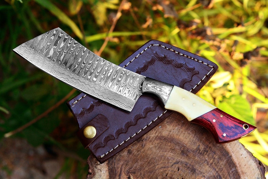 KBS Knives Store Cleaver Knife Cleaver Knife with Full Tang Damascus Steel Blade and Exotic Pakka Wood, Bone, and Damascus Bolster - 10.5 Inches