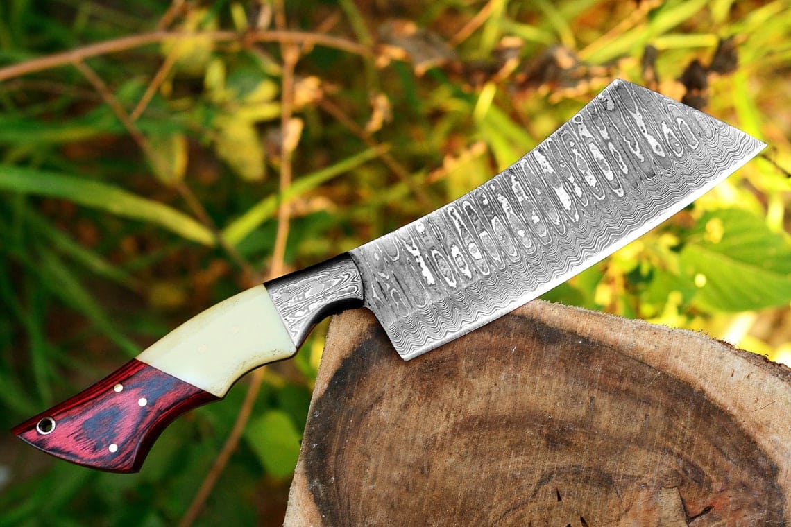 KBS Knives Store Cleaver Knife Cleaver Knife with Full Tang Damascus Steel Blade and Exotic Pakka Wood, Bone, and Damascus Bolster - 10.5 Inches