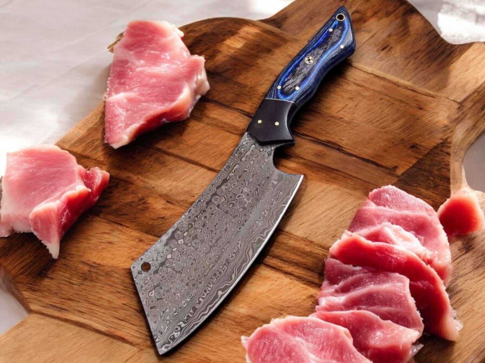 KBS Knives Store Cleaver Knife Custom Handmade Damascus Steel Best Cleaver Knife with Blue Pakka Wood Handle – 10" with Leather Sheath
