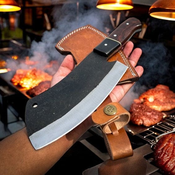 KBS Knives Store Cleaver Knife Custom Handmade Meat Cutter Knife – 11" High-Carbon Steel Blade with Rosewood & Buffalo Horn Handle