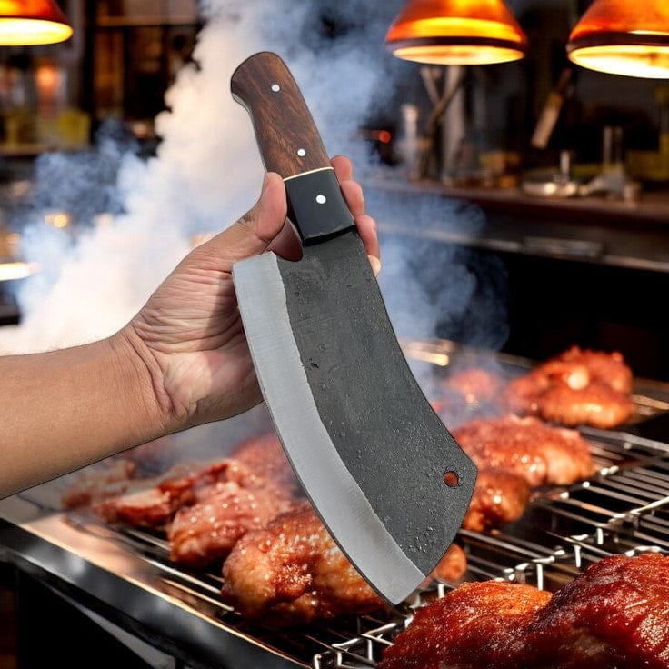 KBS Knives Store Cleaver Knife Custom Handmade Meat Cutter Knife – 11" High-Carbon Steel Blade with Rosewood & Buffalo Horn Handle