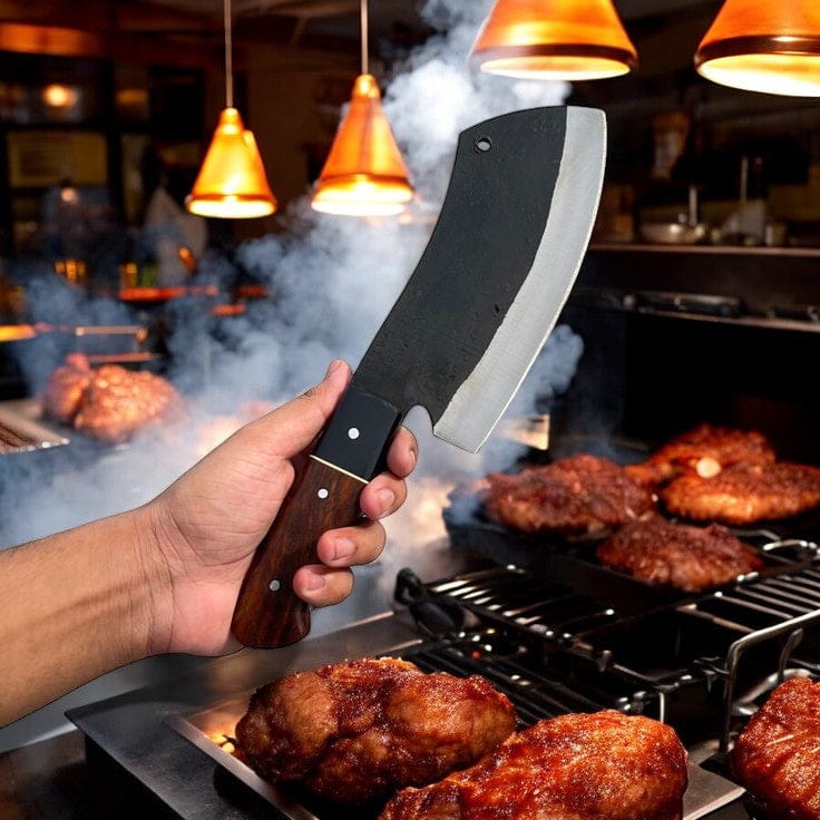 KBS Knives Store Cleaver Knife Custom Handmade Meat Cutter Knife – 11" High-Carbon Steel Blade with Rosewood & Buffalo Horn Handle