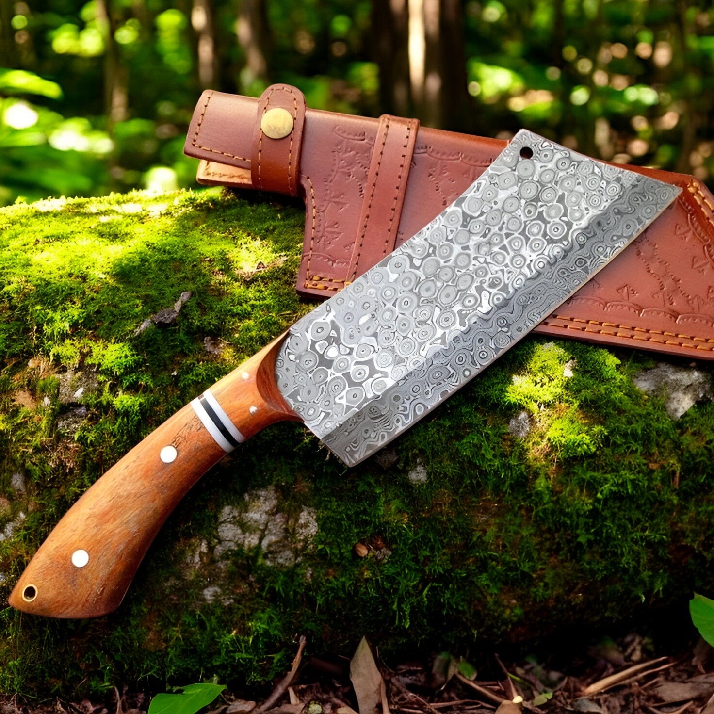 KBS Knives Store Cleaver Knife Damascus Cleaver Knife - 7" Raindrop Blade & Olive Wood