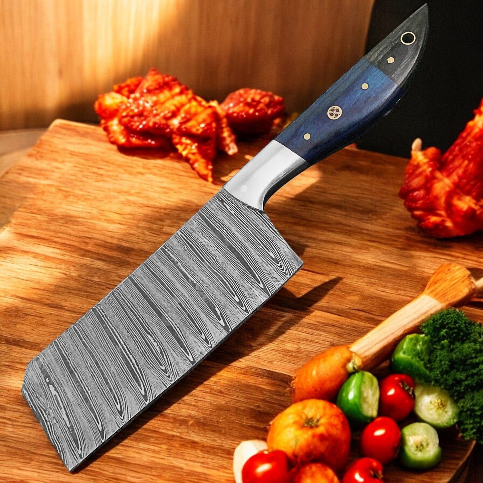 KBS Knives Store Cleaver Knife Meat Hacker – Damascus cleaver knife with exotic pakka wood handle & leather sheath