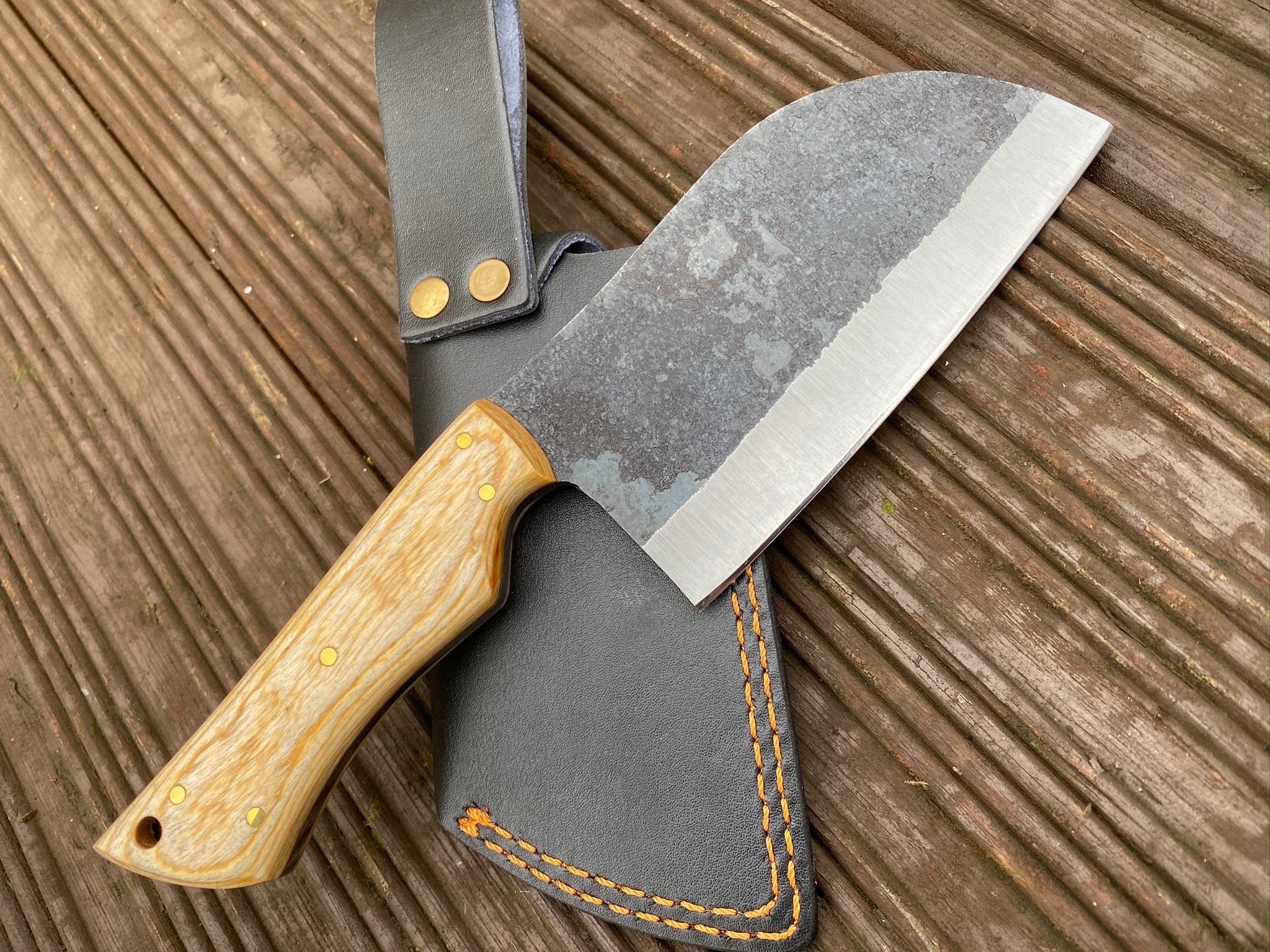 KBS Knives Store Cleaver Knife Premium Cleaver Knife for Sale - 10-Inch Full Tang 1095 Steel Blade, Oak Wood Handle, Leather Sheath - KBS Knives Store