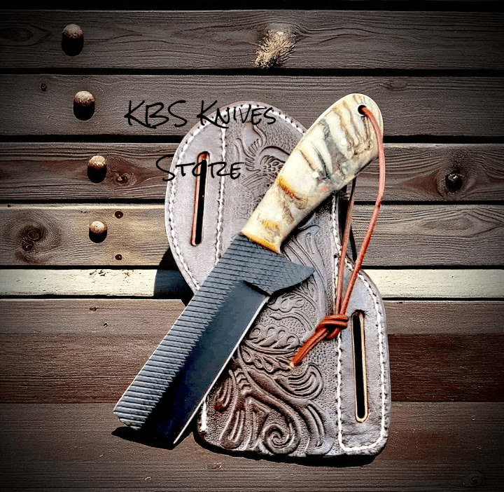 KBS Knives Store Cowboy Knife 8.25" Full Tang Bull Cutter Knife with Rasp File Steel, Sheep Horn Handle, and Leather Sheath