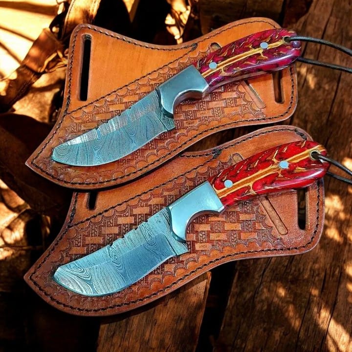 KBS Knives Store Cowboy Knife 8" Damascus Ranch Knives and sheaths with Epoxy Pine Cone