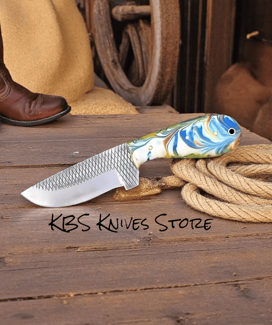 KBS Knives Store Cowboy Knife Best Cowboy Knife - 4 Inch Rasp Steel Fixed Blade with Sky Blue Epoxy Resin Handle