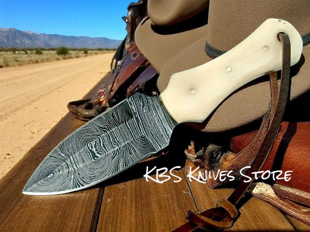 KBS Knives Store Cowboy Knife Bone Handle Custom 3 Inch Cowboy Boot Knife - Damascus Steel with African Water Buffalo Horn Handle