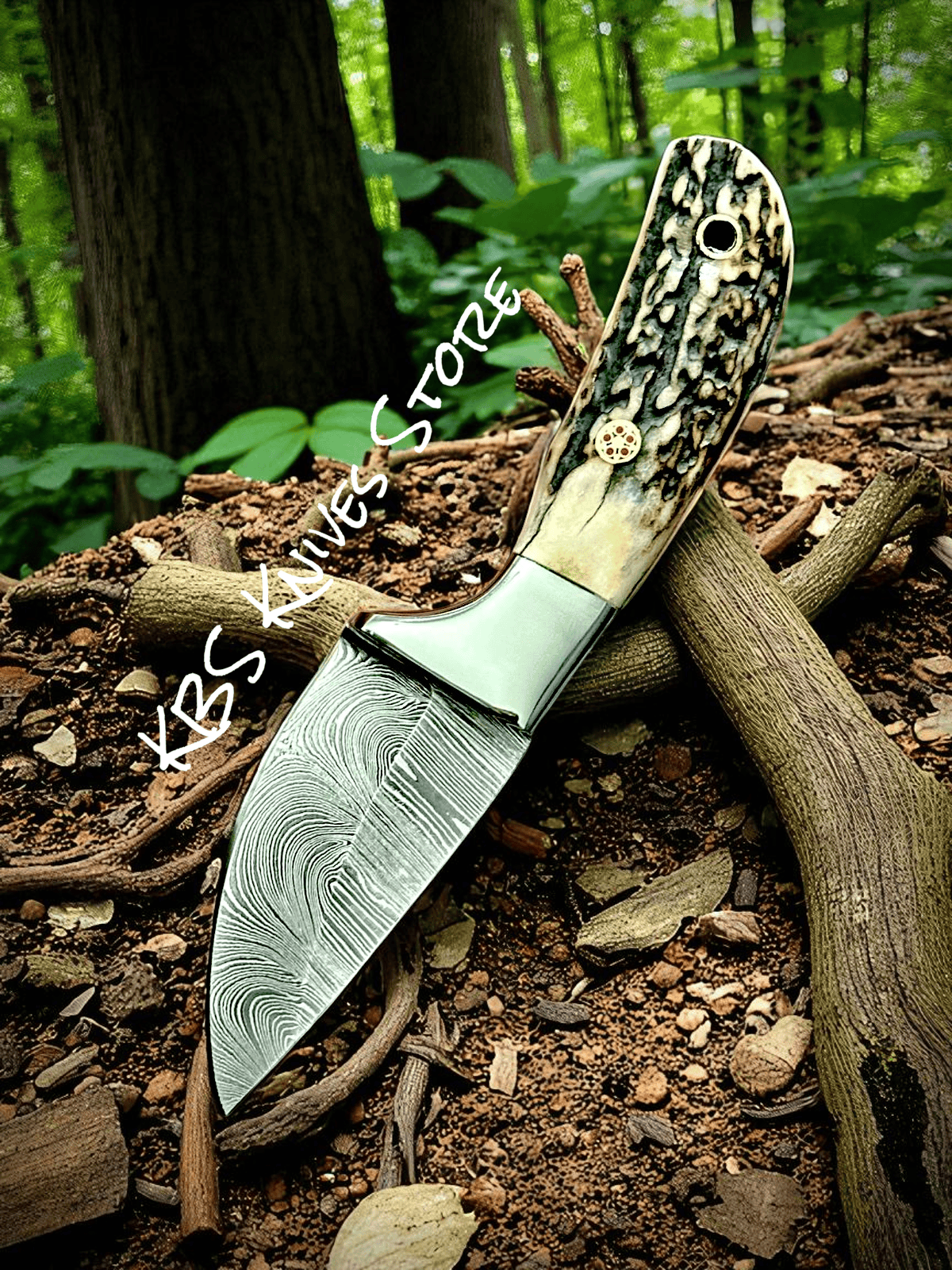 KBS Knives Store Cowboy Knife Buckaroo Knife for Rancher – 5.5" Damascus Steel Full Tang Blade with Antler Horn & Leather Sheath
