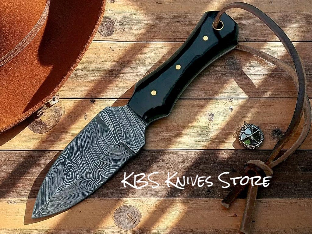 KBS Knives Store Cowboy Knife Buffalo Horn Custom 3 Inch Cowboy Boot Knife - Damascus Steel with African Water Buffalo Horn Handle