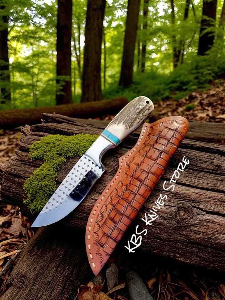 KBS Knives Store Cowboy Knife Cowboy belt knife with 4.25 inch rasp steel blade and antler handle with turquoise spacer for stockmen