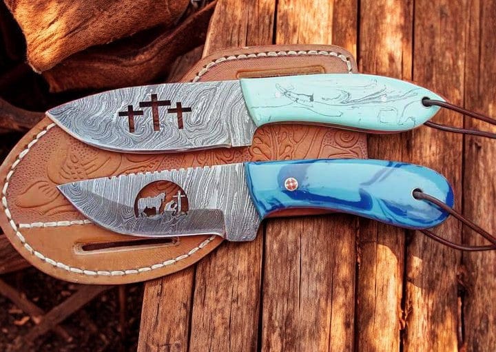 KBS Knives Store Cowboy Knife Cowboy Knife Set Damascus Steel Blades with Unique Wirecut Designs