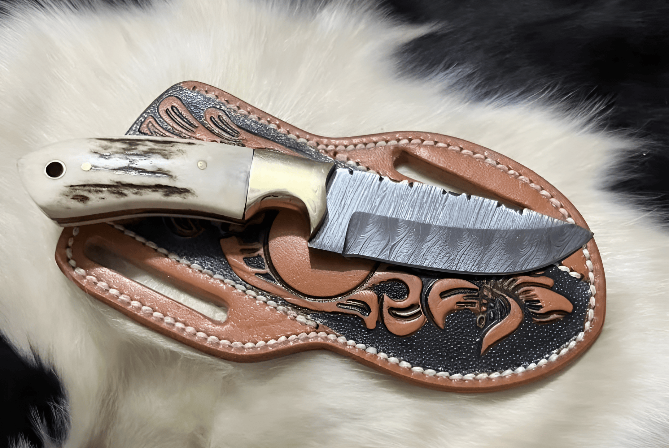 KBS Knives Store Cowboy Knife Cowboy Knife Sheath - Damascus & Antler Western Set