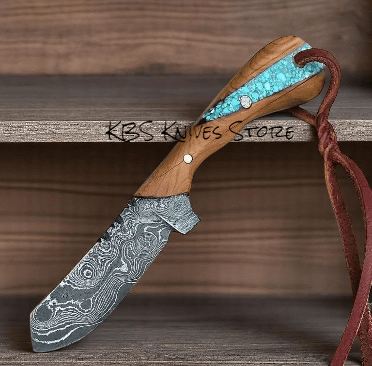KBS Knives Store Cowboy Knife Custom 3.75 Inch Cowboy Cutter - Damascus Steel with Walnut Wood Turquoise Handle
