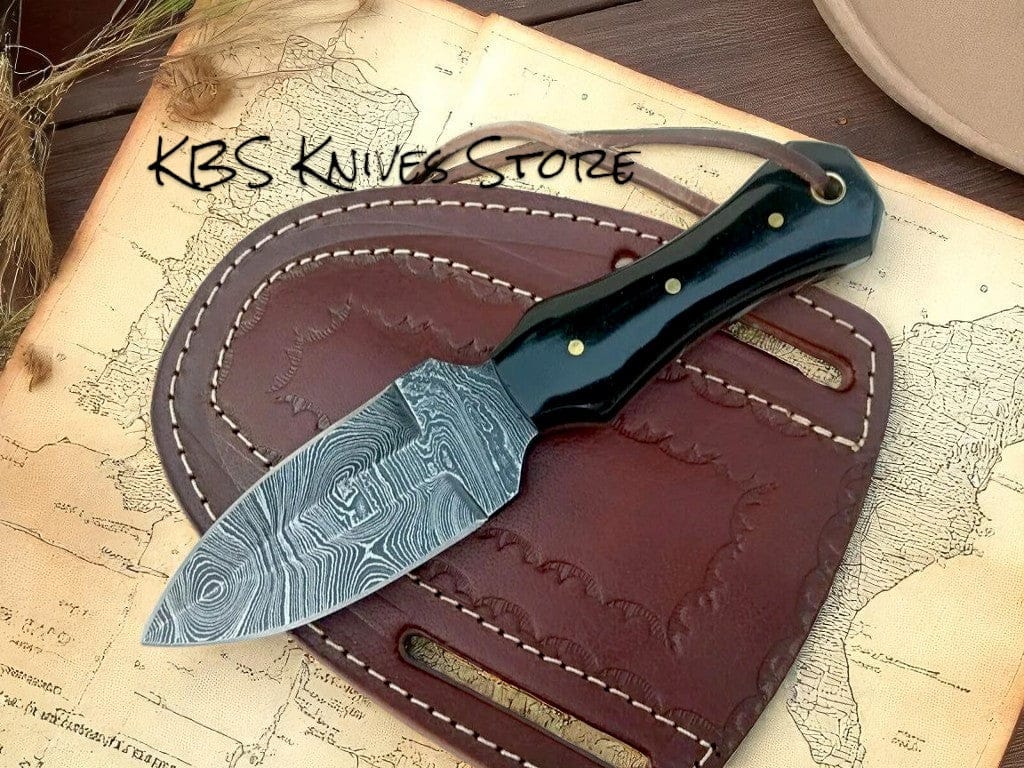 KBS Knives Store Cowboy Knife Custom 3 Inch Cowboy Boot Knife - Damascus Steel with African Water Buffalo Horn Handle