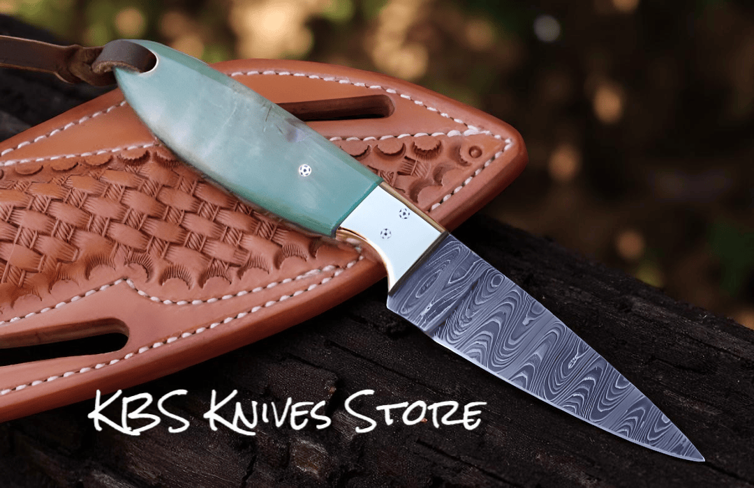 KBS Knives Store Cowboy Knife Custom 3 Inch Damascus Cowboy Sheath Knife - Antique Sheep Horn Handle with Brass Bolster