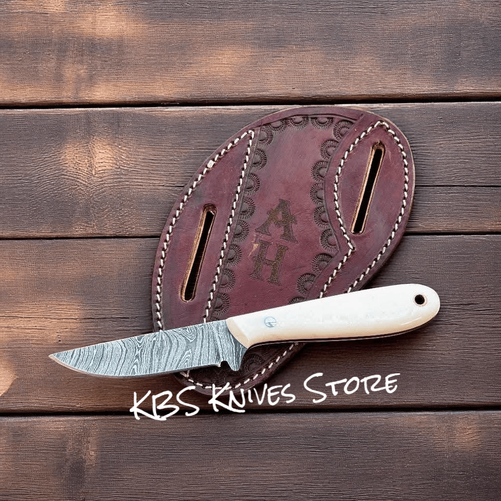 KBS Knives Store Cowboy Knife Custom Buckaroo Belt Knife For Rodeo Rider - 3.15" Damascus Steel Bone Handle