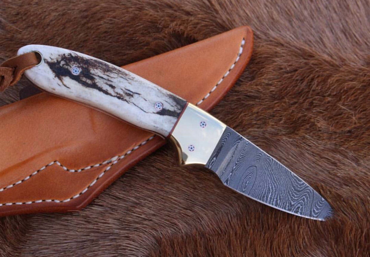 KBS Knives Store Cowboy Knife Custom Handmade California Coyote Cowboy Knife | Damascus Blade | Antler Horn-Brass Bolster Handle | 6.25 Inches | Leather Sheath | KBS Knives Store