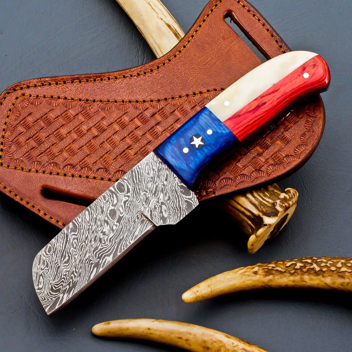 KBS Knives Store Cowboy Knife Custom Handmade Cowboy Castration Knife – Damascus Steel Blade, Texas Flag Handle