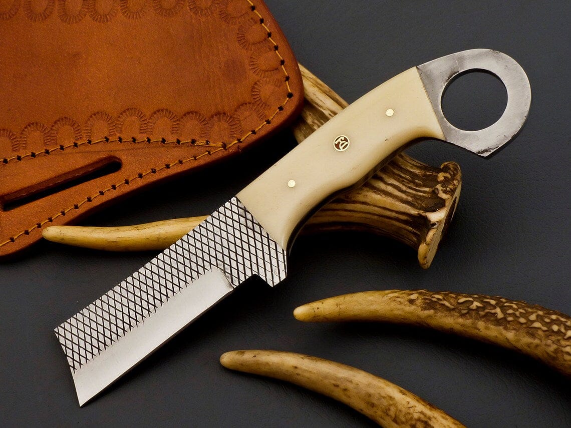 KBS Knives Store Cowboy Knife Custom Handmade Cowboy Castrator Knife – Rasp Tool Steel Blade with Bone Handle