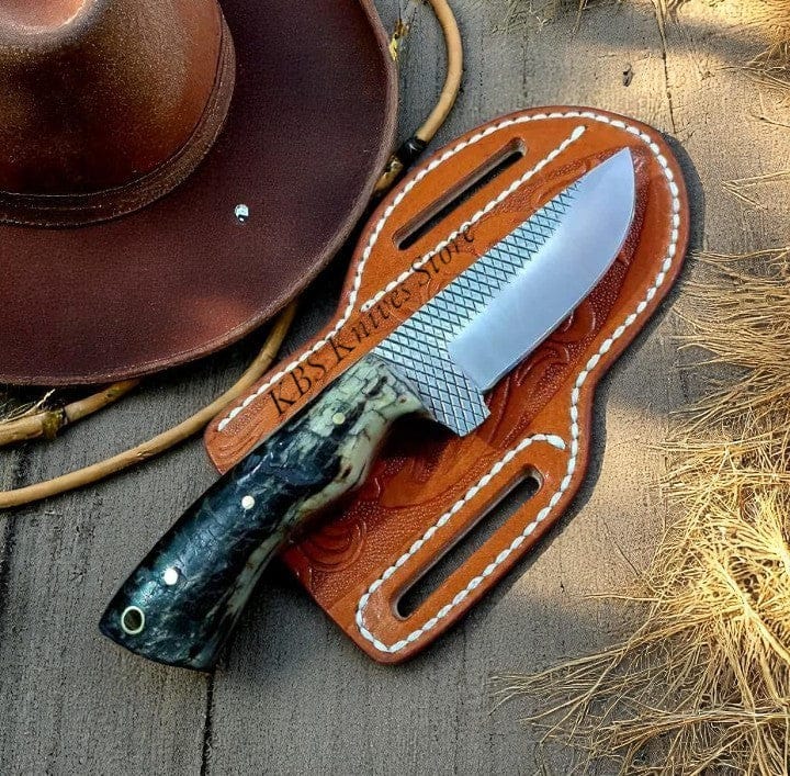 KBS Knives Store Cowboy Knife Custom Handmade Cowboy Fixed Blade Knife – Rasp Steel, Mountain Sheep Horn Handle, Leather Sheath
