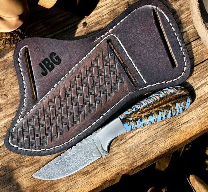 KBS Knives Store Cowboy Knife Damascus Knife with Cross Draw Sheath 7.25" Turquoise