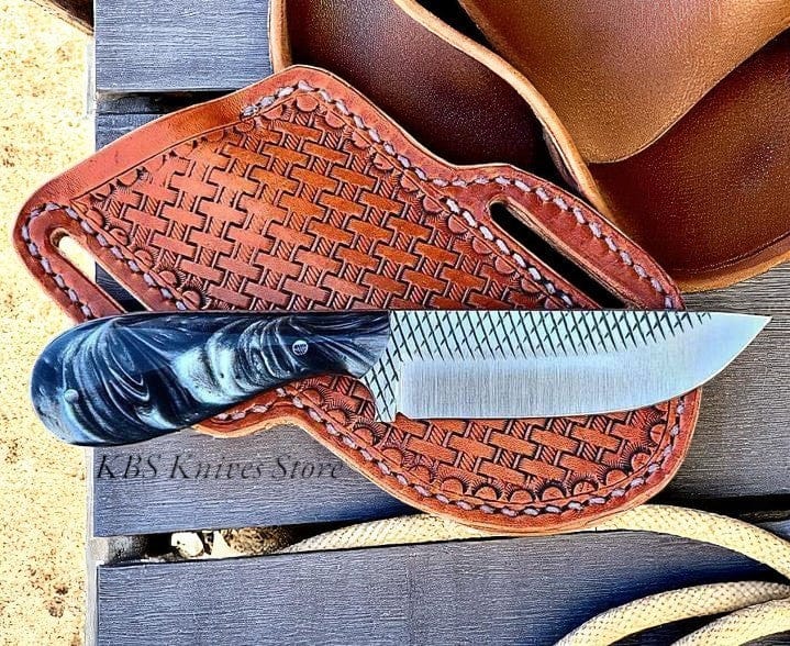 KBS Knives Store Cowboy Knife Handmade Cross Draw Knife with Sheath – Rasp Steel Blade & Epoxy Resin Handle