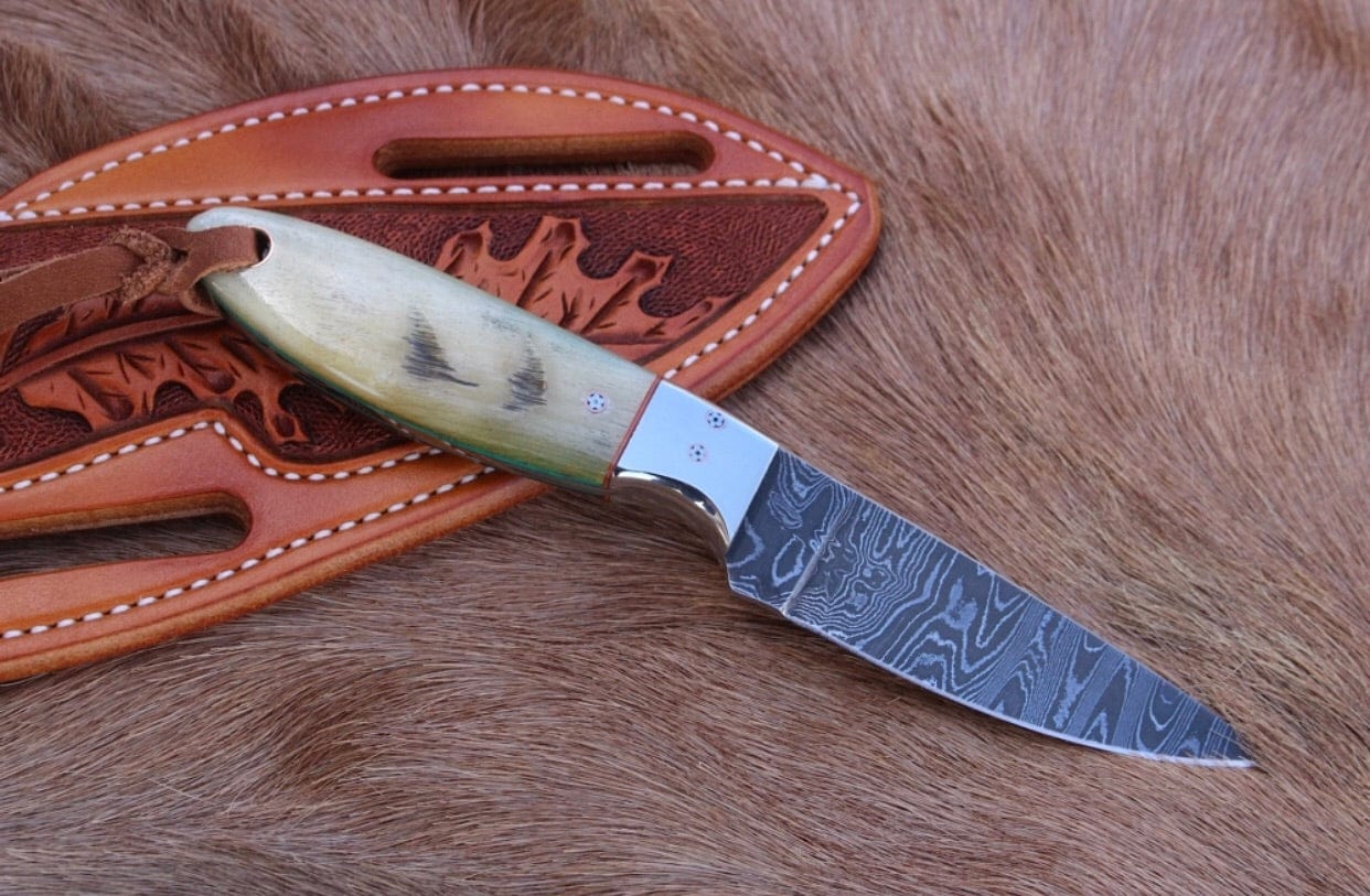 KBS Knives Store Cowboy Knife HIGHLAND HITCH – WORKING BUCKAROO KNIFE WITH DAMASCUS STEEL & MOUNTAIN SHEEP HORN