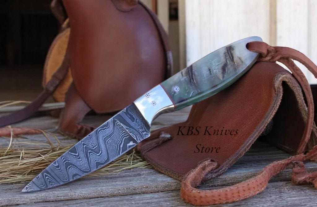 KBS Knives Store Cowboy Knife HIGHLAND HITCH – WORKING BUCKAROO KNIFE WITH DAMASCUS STEEL & MOUNTAIN SHEEP HORN