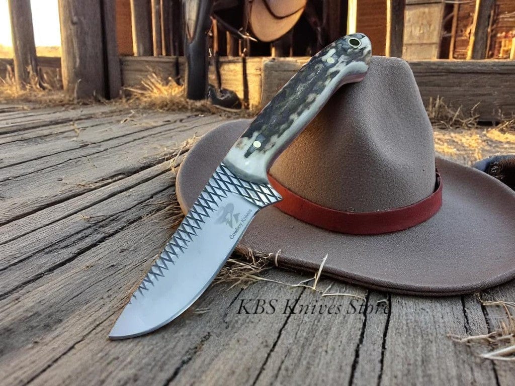 KBS Knives Store Cowboy Knife Hornspur Hunter – Rustic Belt Knife with Antler Handle & Leather Sheath