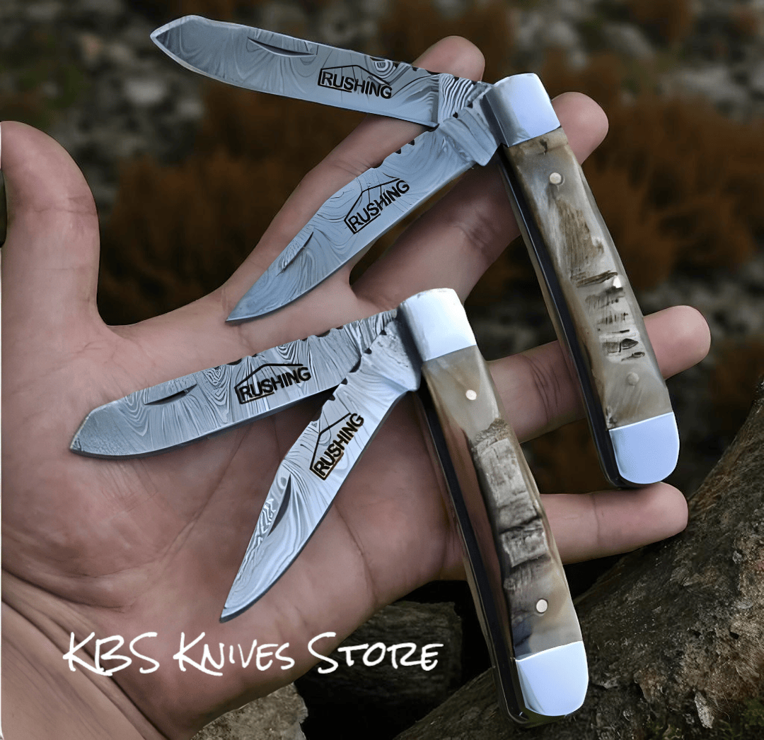 KBS Knives Store Cowboy Knife Personalized Trapper Knife Double Damascus Blades Sheath